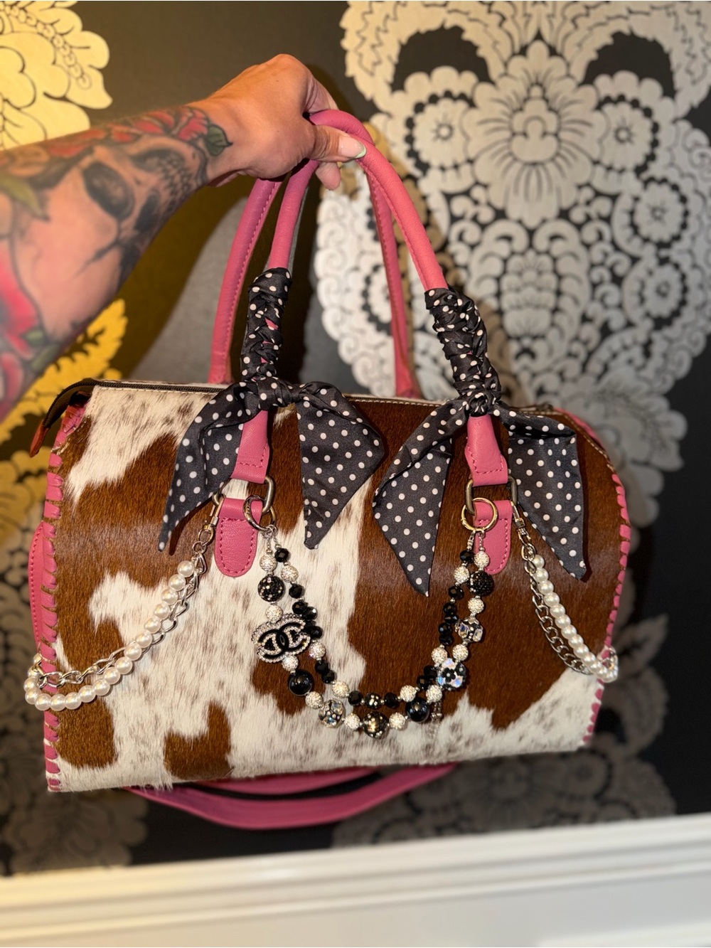 Pink Leather & Cowhide Satchel Handbag with Twilly and Bag Charms